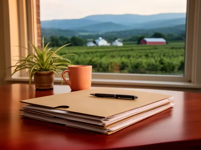 A neat stack of closed manila folders and a pen on a desk by a window.