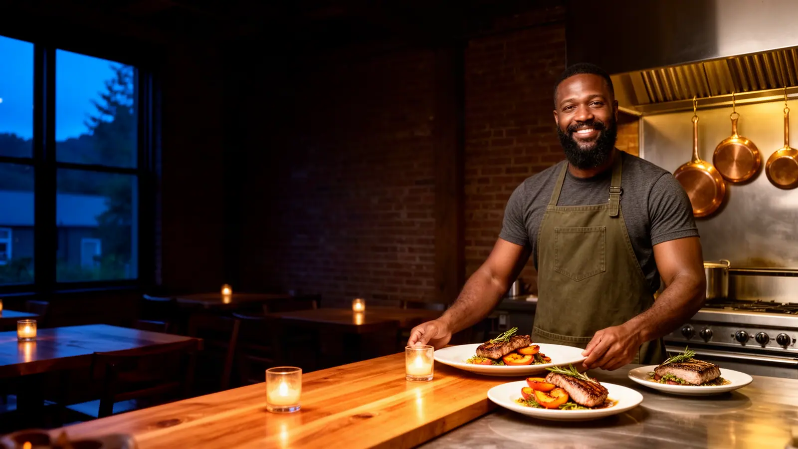 A smiling chef-owner in a canvas apron plating grilled dishes at a warm open-kitchen pass in the evening.