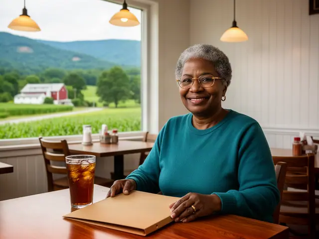 A restaurant owner seated with a folder in an empty dining room before opening.
